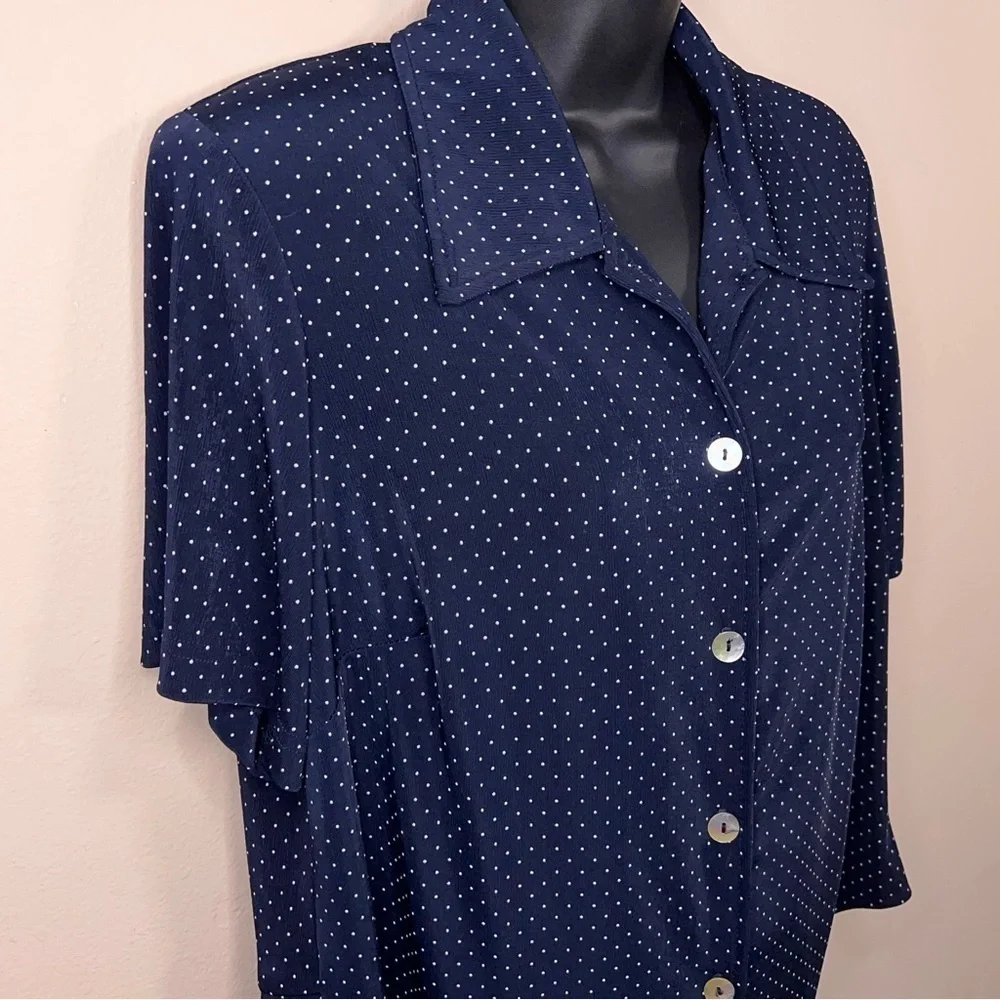 Vintage Medium Ronni Nicole Blue White Dot Print Short Sleeve Stretch Retro